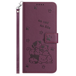 For Samsung Galaxy S25+ / S24+ 5G Embossed Kitten Phone Leather Case with Lanyard(Wine Red)