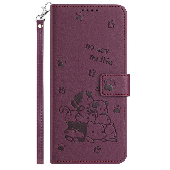 For Samsung Galaxy S25+ / S24+ 5G Embossed Kitten Phone Leather Case with Lanyard(Wine Red)
