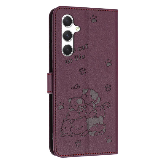 For Samsung Galaxy S25+ / S24+ 5G Embossed Kitten Phone Leather Case with Lanyard(Wine Red)