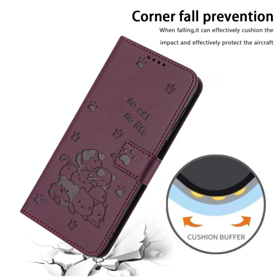 For Samsung Galaxy S25+ / S24+ 5G Embossed Kitten Phone Leather Case with Lanyard(Wine Red)
