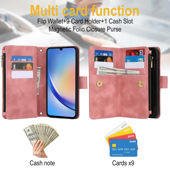 For Samsung Galaxy S24+ 5G Dream 9-Card Zipper Wallet RFID Leather Phone Case with Lanyard(Rose Gold)