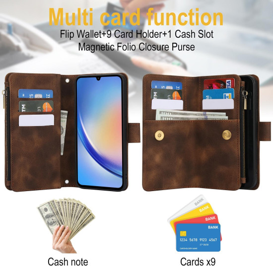 For Samsung Galaxy S24+ 5G Dream 9-Card Zipper Wallet RFID Leather Phone Case with Lanyard(Brown)