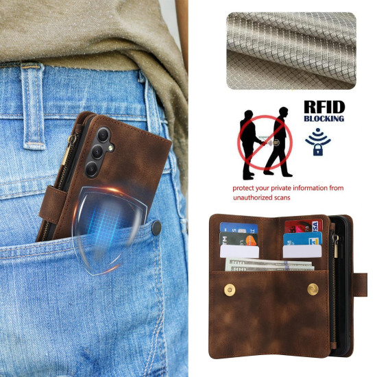 For Samsung Galaxy S24+ 5G Dream 9-Card Zipper Wallet RFID Leather Phone Case with Lanyard(Brown)