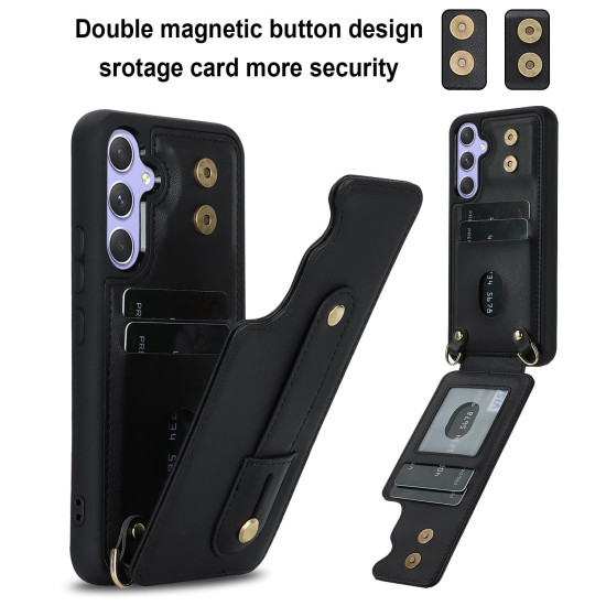 For Samsung Galaxy S24+ 5G Wristband Vertical Flip Wallet Back Cover Phone Case with Long Lanyard(Black)