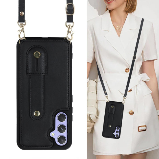 For Samsung Galaxy S24+ 5G Wristband Vertical Flip Wallet Back Cover Phone Case with Long Lanyard(Black)