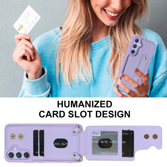 For Samsung Galaxy S24+ 5G Wristband Vertical Flip Wallet Back Cover Phone Case with Long Lanyard(Purple)