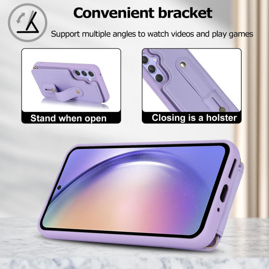 For Samsung Galaxy S24+ 5G Wristband Vertical Flip Wallet Back Cover Phone Case with Long Lanyard(Purple)