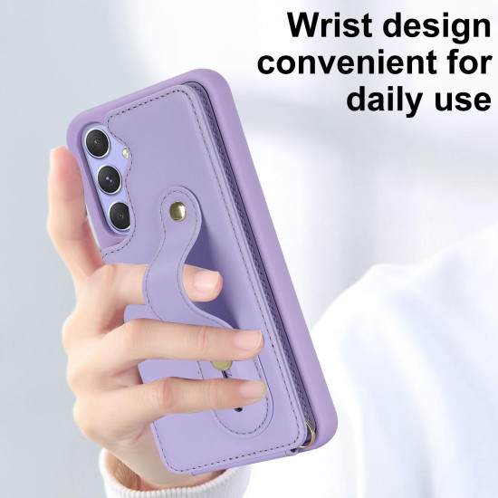 For Samsung Galaxy S24+ 5G Wristband Vertical Flip Wallet Back Cover Phone Case with Long Lanyard(Purple)