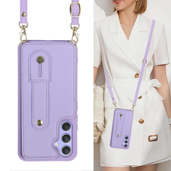 For Samsung Galaxy S24+ 5G Wristband Vertical Flip Wallet Back Cover Phone Case with Long Lanyard(Purple)