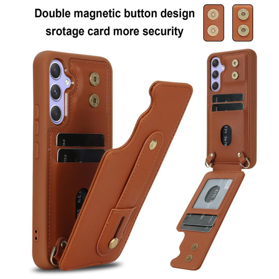For Samsung Galaxy S24+ 5G Wristband Vertical Flip Wallet Back Cover Phone Case with Long Lanyard(Brown)