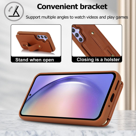 For Samsung Galaxy S24+ 5G Wristband Vertical Flip Wallet Back Cover Phone Case with Long Lanyard(Brown)