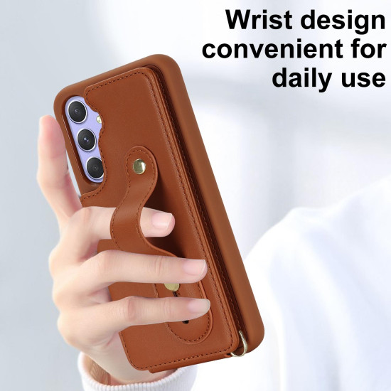 For Samsung Galaxy S24+ 5G Wristband Vertical Flip Wallet Back Cover Phone Case with Long Lanyard(Brown)