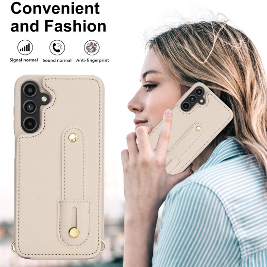For Samsung Galaxy S24+ 5G Wristband Vertical Flip Wallet Back Cover Phone Case with Long Lanyard(White)