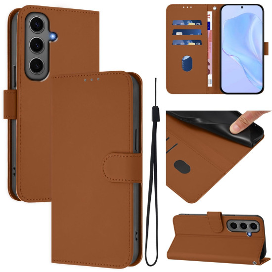 For Samsung Galaxy S24+ 5G Skin Feel Solid Color Leather Phone Case with Lanyard(Brown)