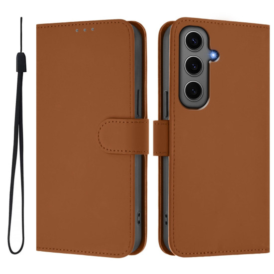 For Samsung Galaxy S24+ 5G Skin Feel Solid Color Leather Phone Case with Lanyard(Brown)