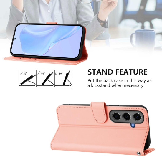 For Samsung Galaxy S24+ 5G Skin Feel Solid Color Leather Phone Case with Lanyard(Pink)