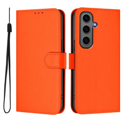 For Samsung Galaxy S24+ 5G Skin Feel Solid Color Leather Phone Case with Lanyard(Orange)