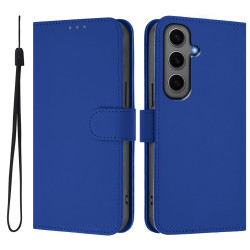 For Samsung Galaxy S24+ 5G Skin Feel Solid Color Leather Phone Case with Lanyard(Dark Blue)