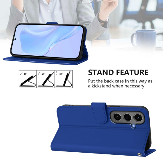 For Samsung Galaxy S24+ 5G Skin Feel Solid Color Leather Phone Case with Lanyard(Dark Blue)