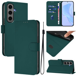 For Samsung Galaxy S24+ 5G Skin Feel Solid Color Leather Phone Case with Lanyard(Dark Green)
