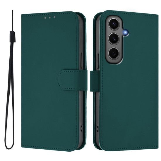 For Samsung Galaxy S24+ 5G Skin Feel Solid Color Leather Phone Case with Lanyard(Dark Green)