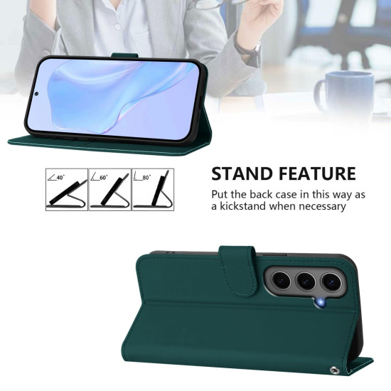 For Samsung Galaxy S24+ 5G Skin Feel Solid Color Leather Phone Case with Lanyard(Dark Green)