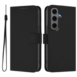 For Samsung Galaxy S24+ 5G Skin Feel Solid Color Leather Phone Case with Lanyard(Black)