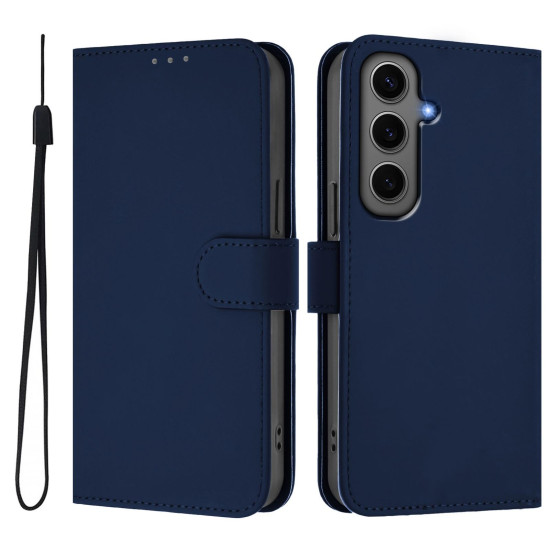 For Samsung Galaxy S24+ 5G Skin Feel Solid Color Leather Phone Case with Lanyard(Navy Blue)