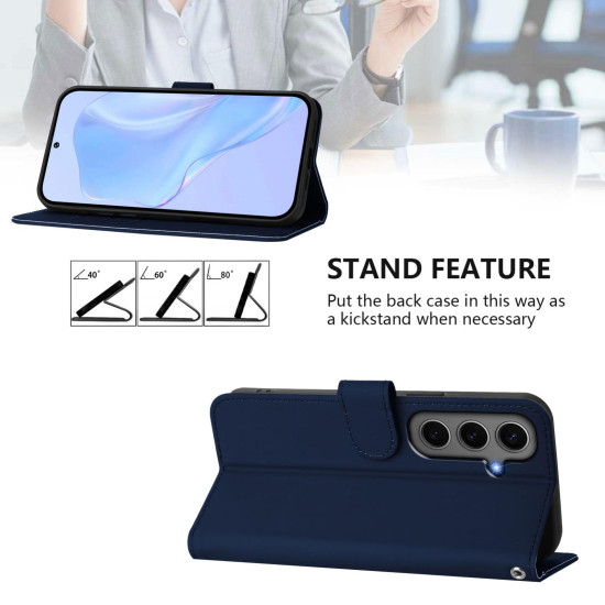 For Samsung Galaxy S24+ 5G Skin Feel Solid Color Leather Phone Case with Lanyard(Navy Blue)