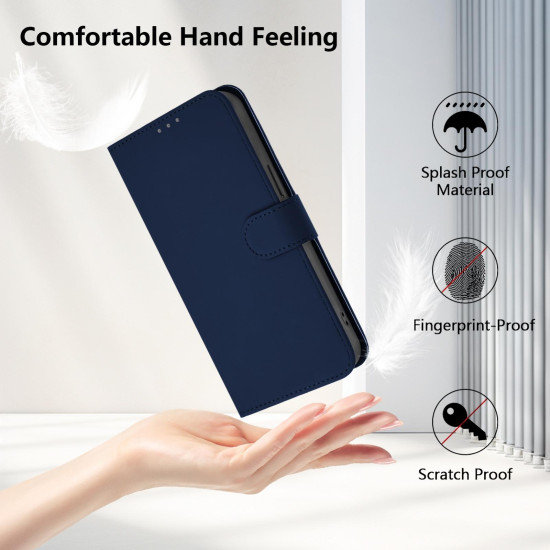For Samsung Galaxy S24+ 5G Skin Feel Solid Color Leather Phone Case with Lanyard(Navy Blue)