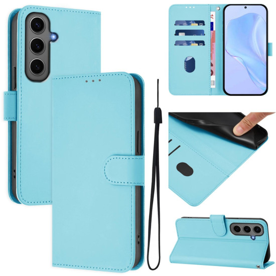 For Samsung Galaxy S24+ 5G Skin Feel Solid Color Leather Phone Case with Lanyard(Sky Blue)