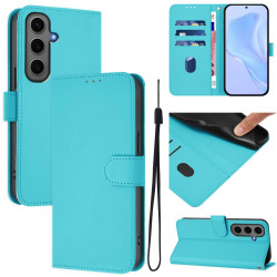 For Samsung Galaxy S24+ 5G Skin Feel Solid Color Leather Phone Case with Lanyard(Lake Blue)