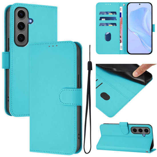 For Samsung Galaxy S24+ 5G Skin Feel Solid Color Leather Phone Case with Lanyard(Lake Blue)