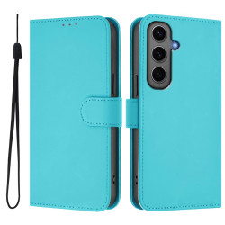 For Samsung Galaxy S24+ 5G Skin Feel Solid Color Leather Phone Case with Lanyard(Lake Blue)