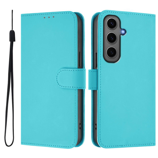 For Samsung Galaxy S24+ 5G Skin Feel Solid Color Leather Phone Case with Lanyard(Lake Blue)