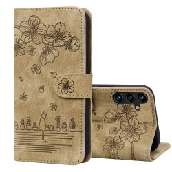 For Samsung Galaxy S24+ 5G Cartoon Sakura Cat Embossed Leather Phone Case(Brown)