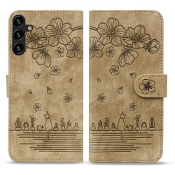 For Samsung Galaxy S24+ 5G Cartoon Sakura Cat Embossed Leather Phone Case(Brown)