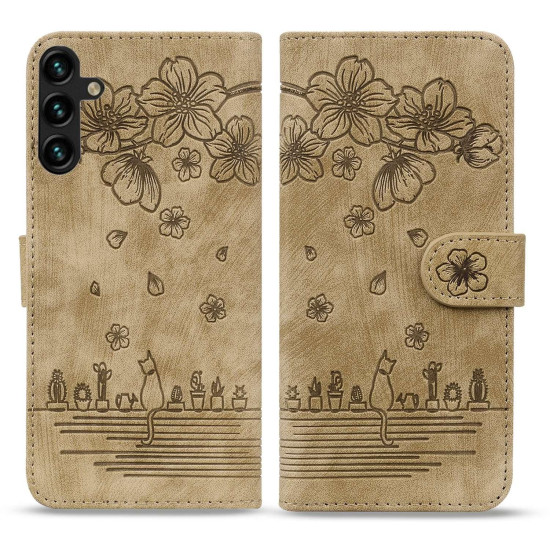 For Samsung Galaxy S24+ 5G Cartoon Sakura Cat Embossed Leather Phone Case(Brown)