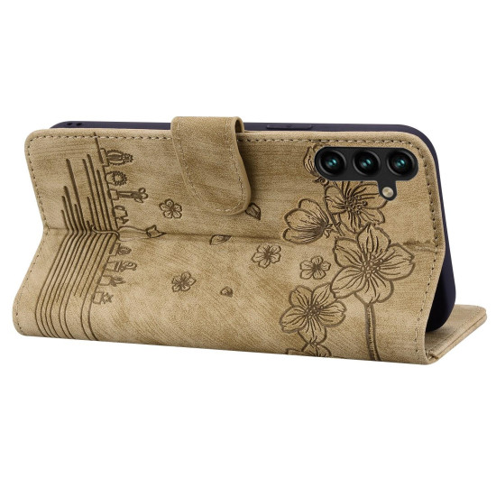 For Samsung Galaxy S24+ 5G Cartoon Sakura Cat Embossed Leather Phone Case(Brown)