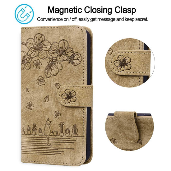 For Samsung Galaxy S24+ 5G Cartoon Sakura Cat Embossed Leather Phone Case(Brown)