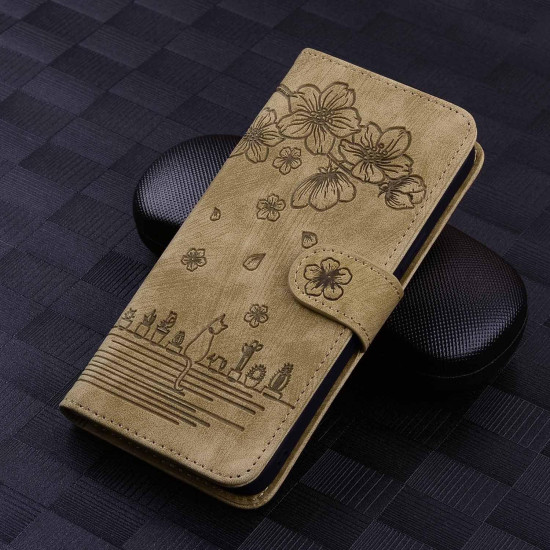 For Samsung Galaxy S24+ 5G Cartoon Sakura Cat Embossed Leather Phone Case(Brown)