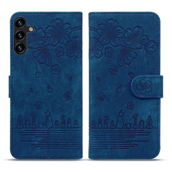 For Samsung Galaxy S24+ 5G Cartoon Sakura Cat Embossed Leather Phone Case(Royal Blue)