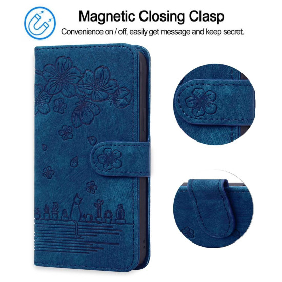 For Samsung Galaxy S24+ 5G Cartoon Sakura Cat Embossed Leather Phone Case(Royal Blue)