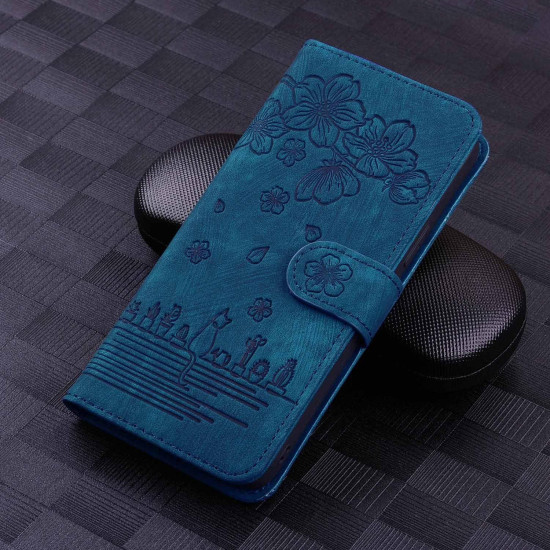 For Samsung Galaxy S24+ 5G Cartoon Sakura Cat Embossed Leather Phone Case(Royal Blue)