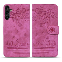For Samsung Galaxy S24+ 5G Cartoon Sakura Cat Embossed Leather Phone Case(Rose Red)