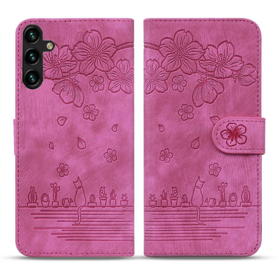 For Samsung Galaxy S24+ 5G Cartoon Sakura Cat Embossed Leather Phone Case(Rose Red)