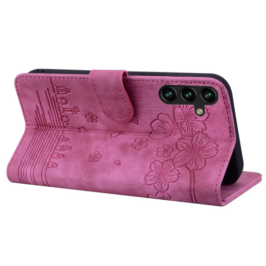 For Samsung Galaxy S24+ 5G Cartoon Sakura Cat Embossed Leather Phone Case(Rose Red)