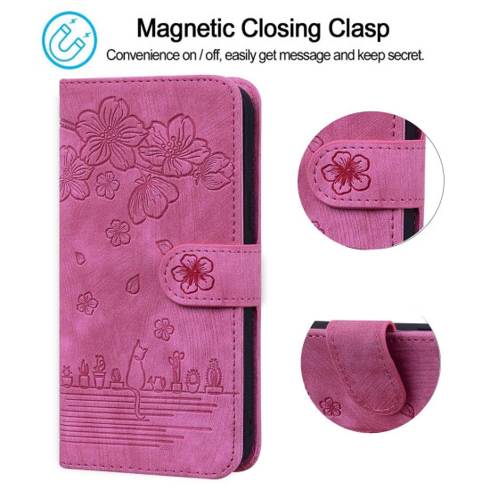 For Samsung Galaxy S24+ 5G Cartoon Sakura Cat Embossed Leather Phone Case(Rose Red)