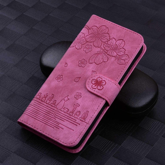 For Samsung Galaxy S24+ 5G Cartoon Sakura Cat Embossed Leather Phone Case(Rose Red)