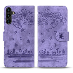 For Samsung Galaxy S24+ 5G Cartoon Sakura Cat Embossed Leather Phone Case(Purple)